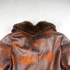 Vintage Brown Plaid Leather Jacket with Fur Collar