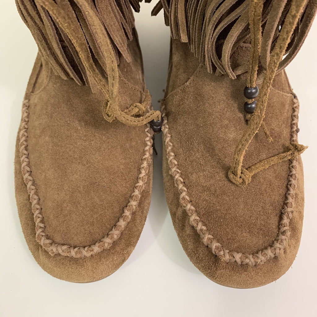 Minnetonka Size 9 Women’s Double Fringe Suede Chestnut Brown Boots