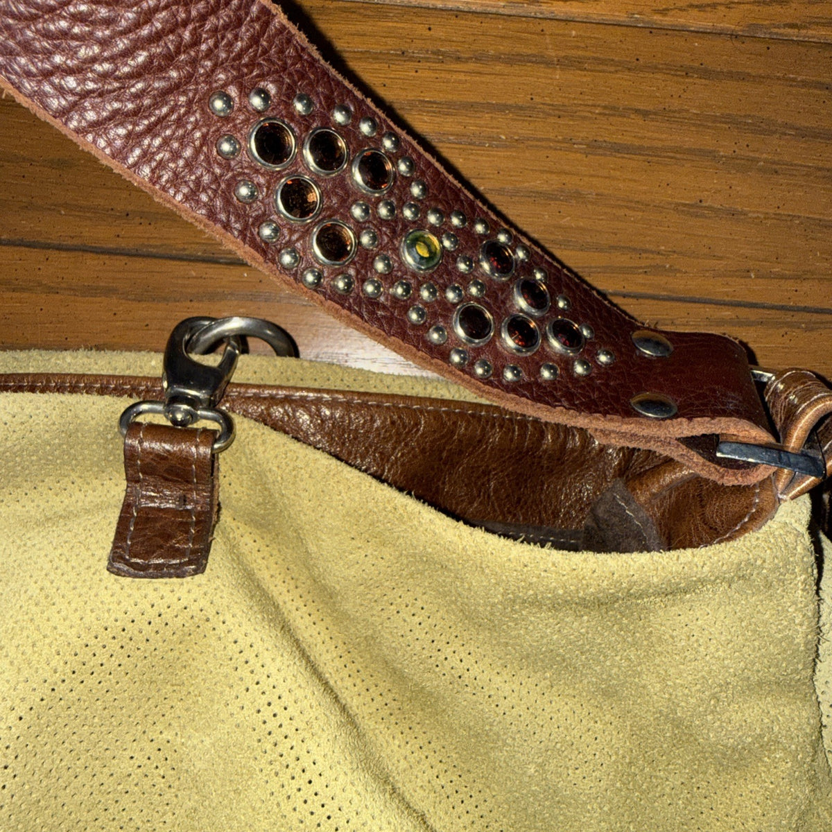 Tylie Malibu Green Perforated Suede Studded Gemstone Strap Bag Small
