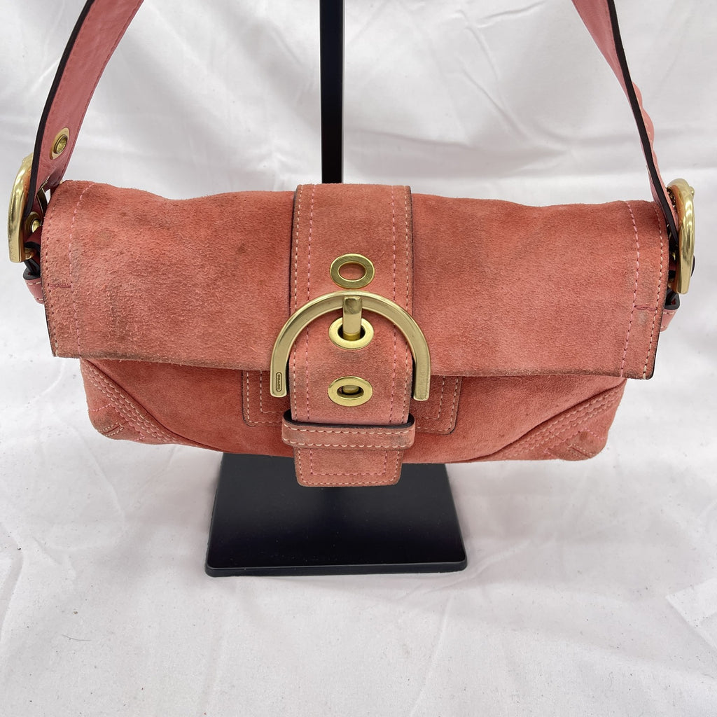 Vintage Coach Y2K Demi Soho Flap Shoulder Bag Suede 8A18 Salmon Pink Pre-Owned
