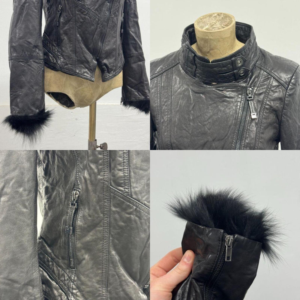 Vintage Vero Moda Black Goat Leather & Fox Fur Moto Jacket