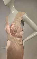 1930s Satin and Lace Long Slip Dress with Crossover Front