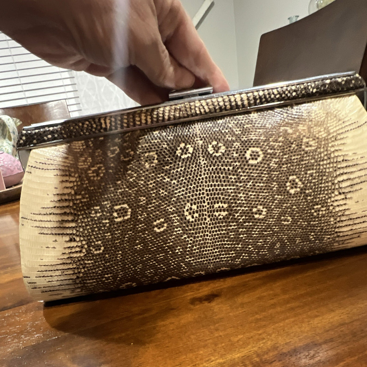 Vintage 1950s Monitor Lizard Skin Clutch Bag with Silver Frame