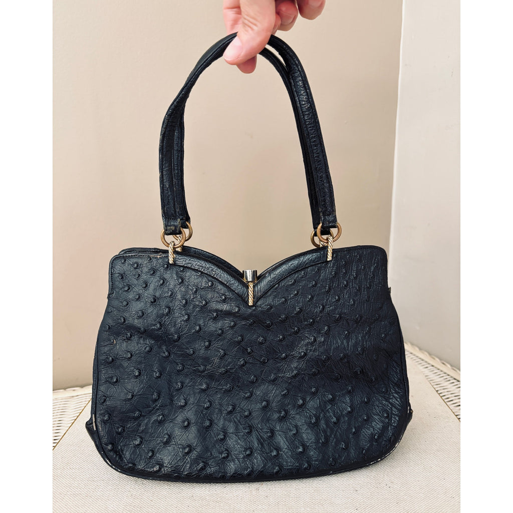 I. Magnin 1950s Genuine Ostrich Skin Handbag Black