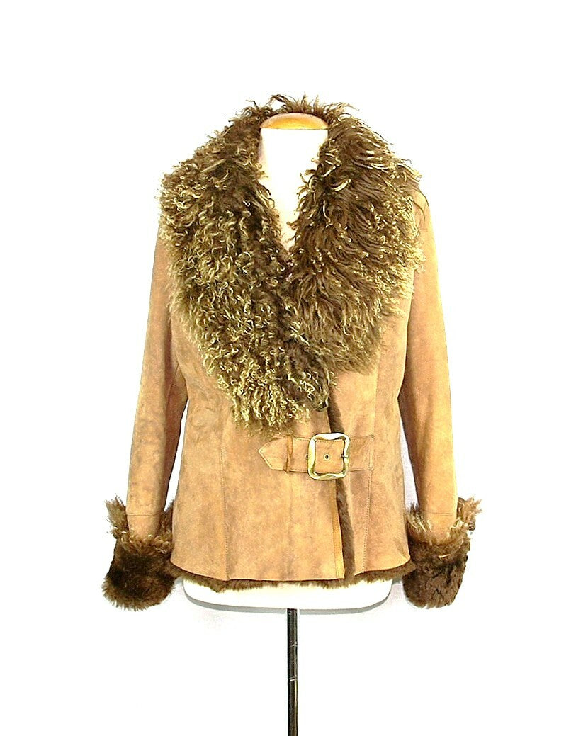 Leather Shearling Coat with Large Collar Natural XL