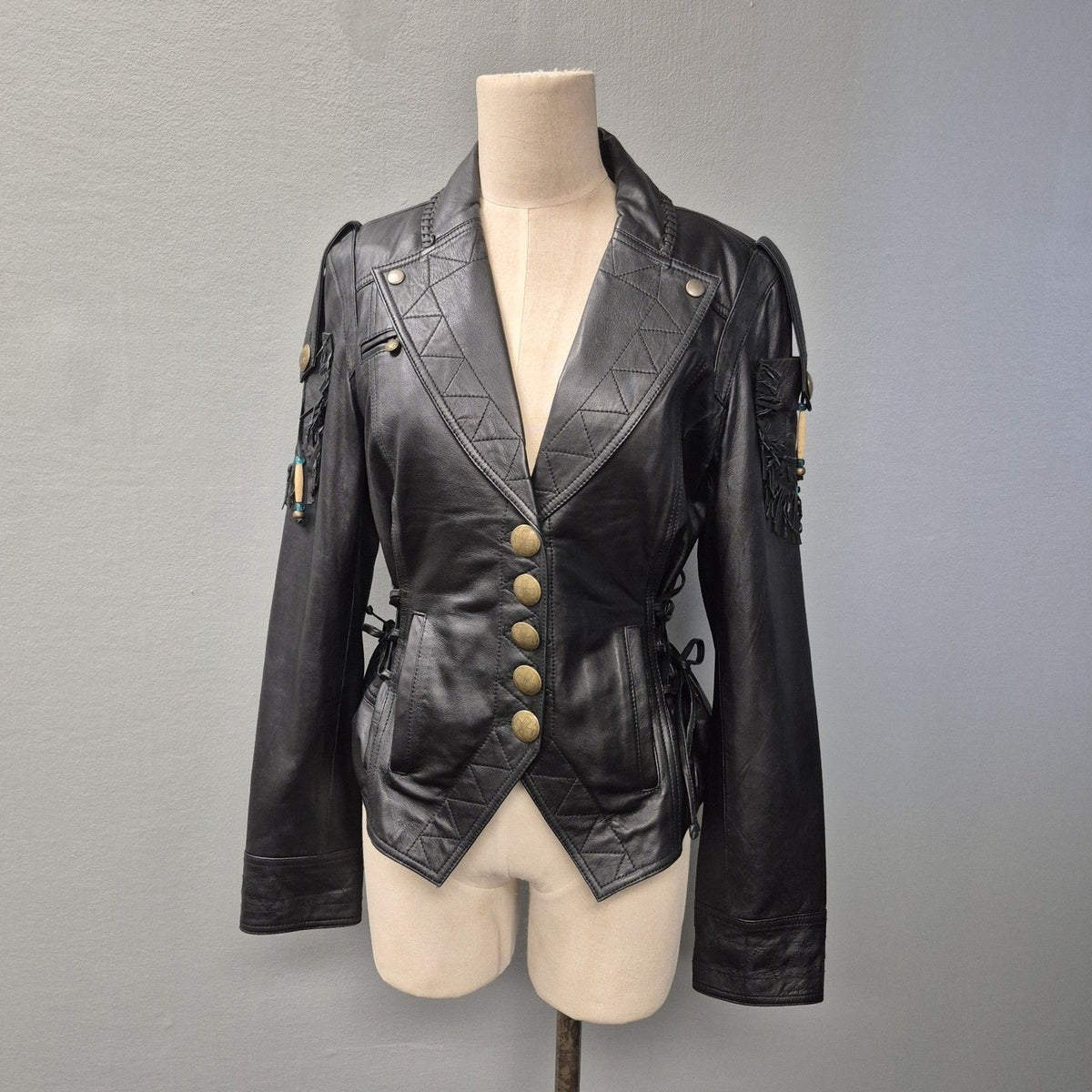 Double D Ranch Black Leather Fringe Beaded Moto Western Jacket Medium