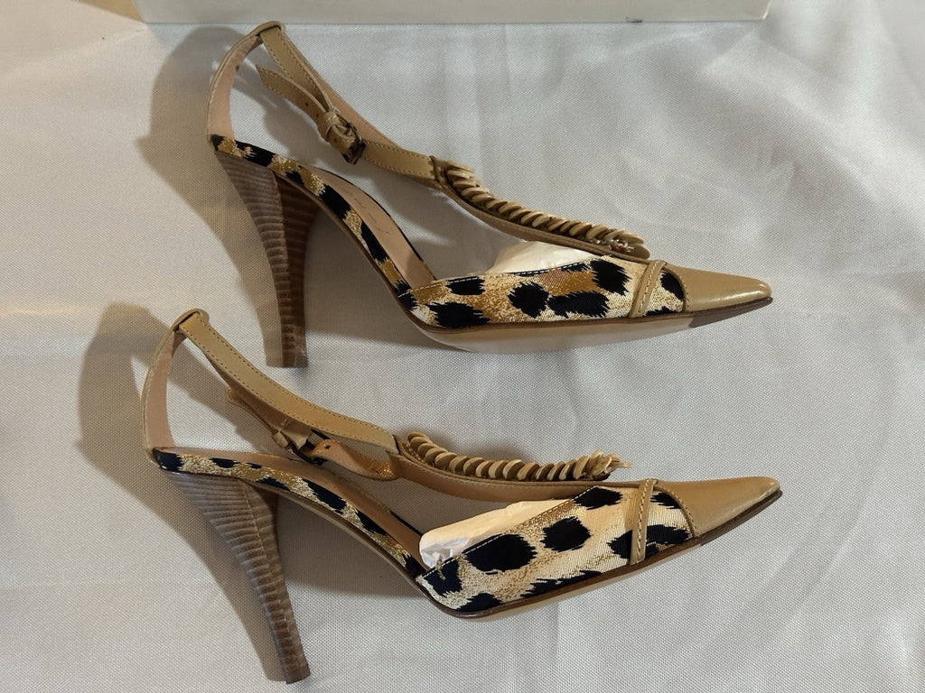 Casadei Natural Leopard Print Beige Leather Ankle Strap Heel 8.5