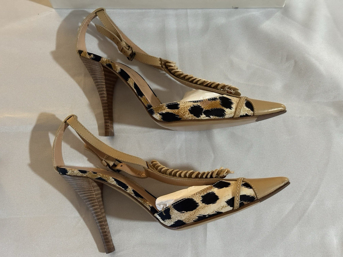 Casadei Natural Leopard Print Beige Leather Ankle Strap Heel 8.5