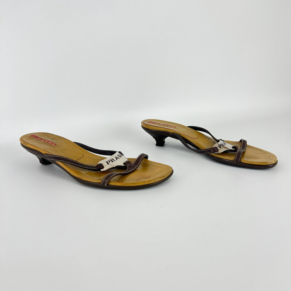 Prada | Auth Brown Leather Silver Logo Buckle Kitten Sandal Heels (34.5)