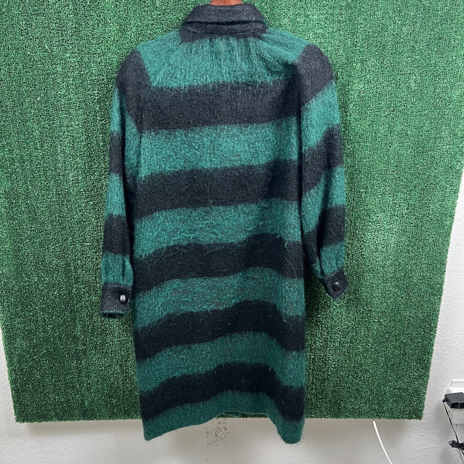 VTG Geoffrey Been Mohair Collar Long Sweater Womens 21x40" L Green Black Striped