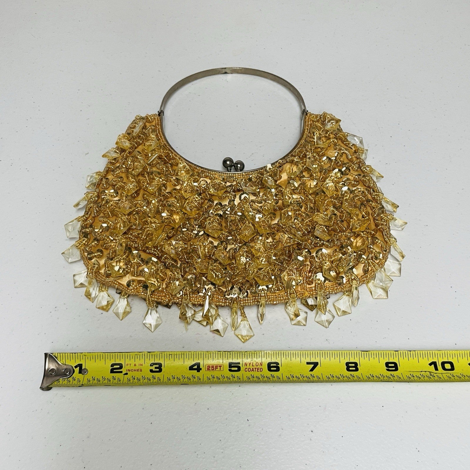 Vintage 70s Beaded Clutch Handbag Purse Gold Beaded Sequin Kiss Lock Frame