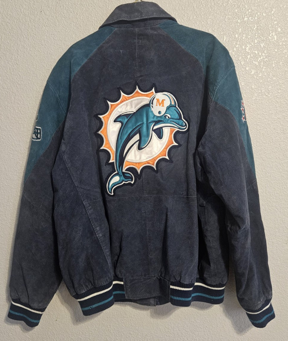 Vintage G-III Apparel NFL Miami Dolphins Leather Suede Bomber Jacket XL