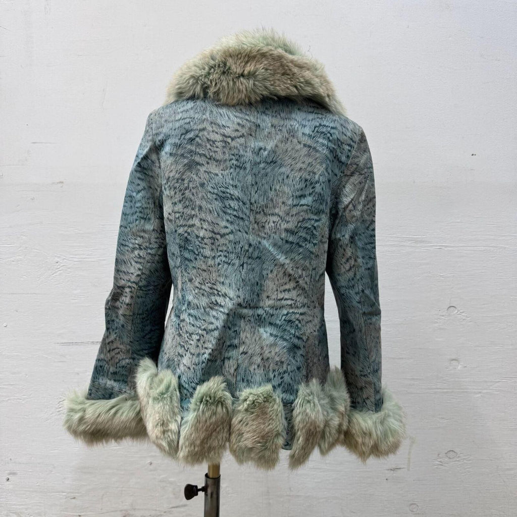 Vintage Y2K Blue Seafoam Fox Fur and Leather Jacket