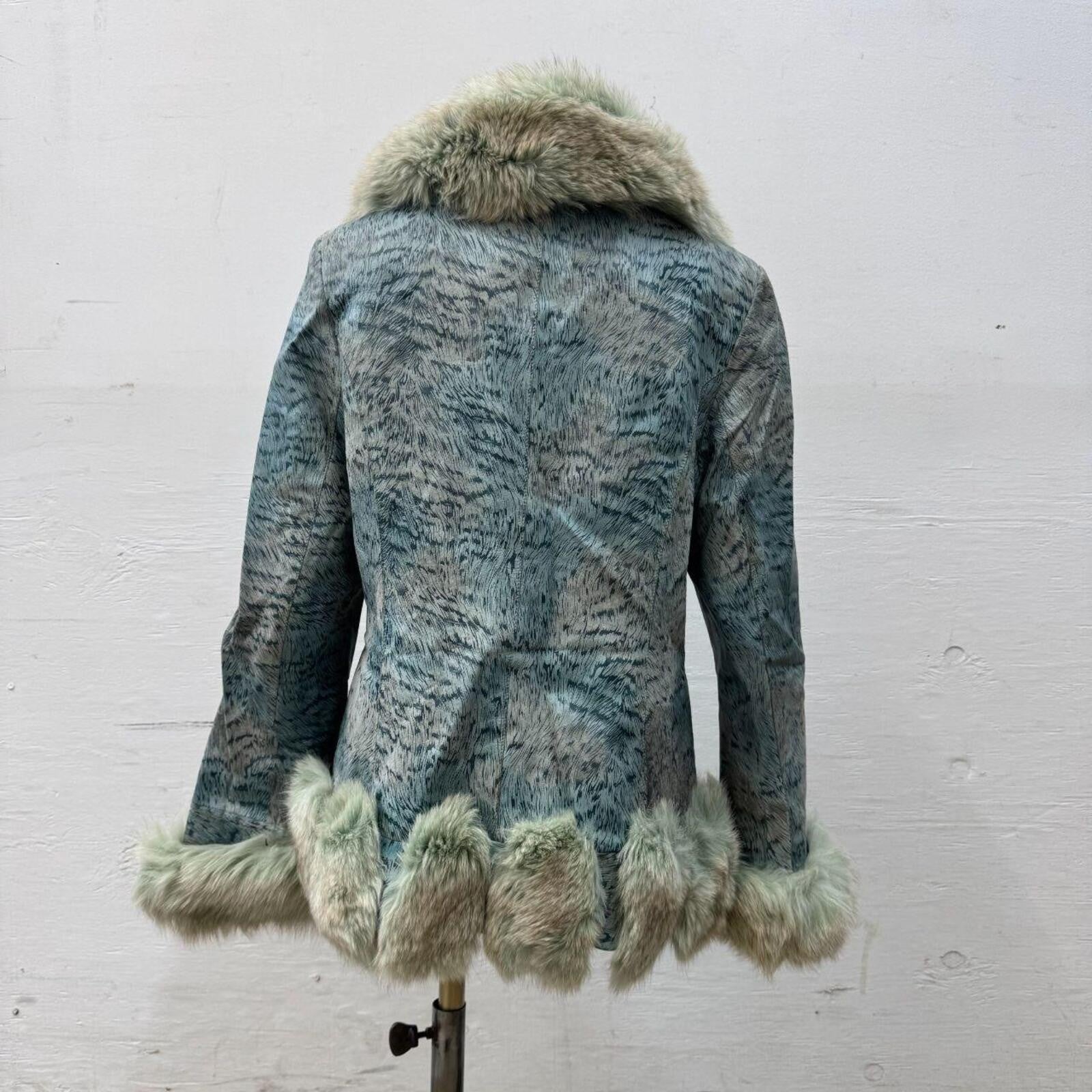 Vintage Y2K Blue Seafoam Fox Fur and Leather Jacket