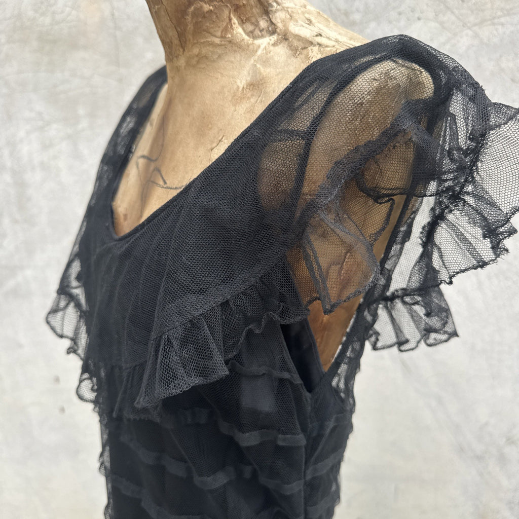 Vintage 1930s Black Mesh Net Gown Ruffles Low Back Bias Cut Art Deco Maxi Dress