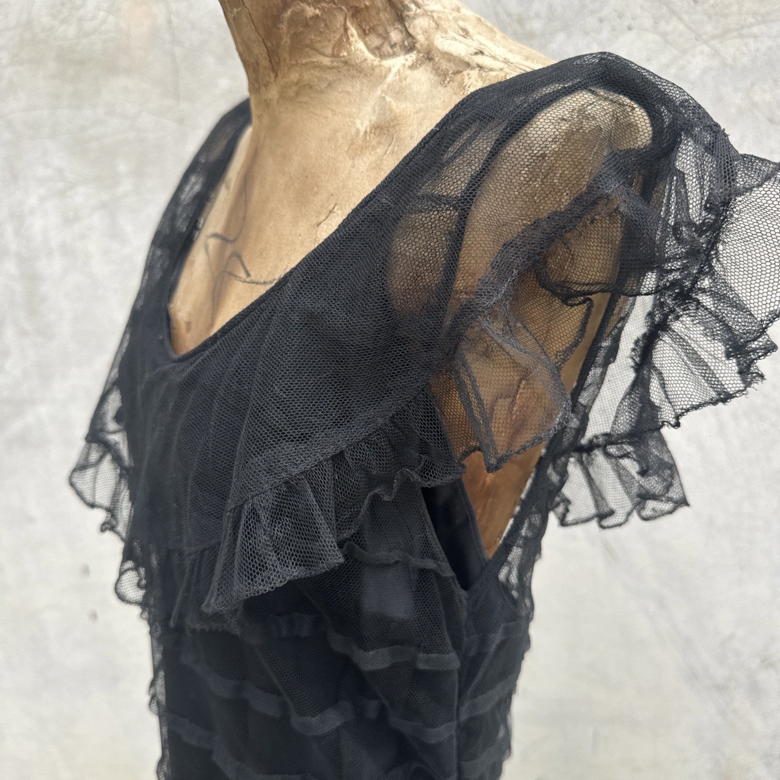 Vintage 1930s Black Mesh Net Gown Ruffles Low Back Bias Cut Art Deco Maxi Dress