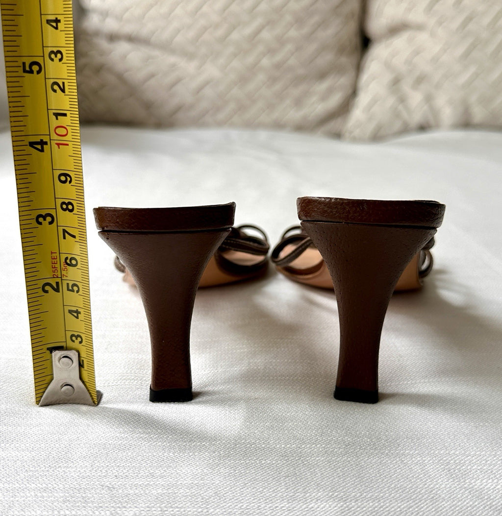 Vintage 90s 2000s PRADA Leather Rosebud Brown Pink Kitten Heels Sandals Size 37