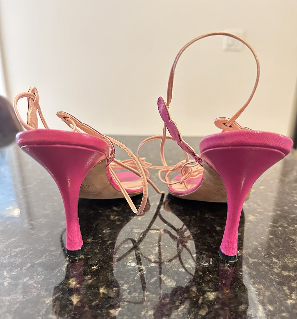 MANOLO BLAHNIK Barbie Pink Leather Scalloped Wrap Ankle Strap Heels