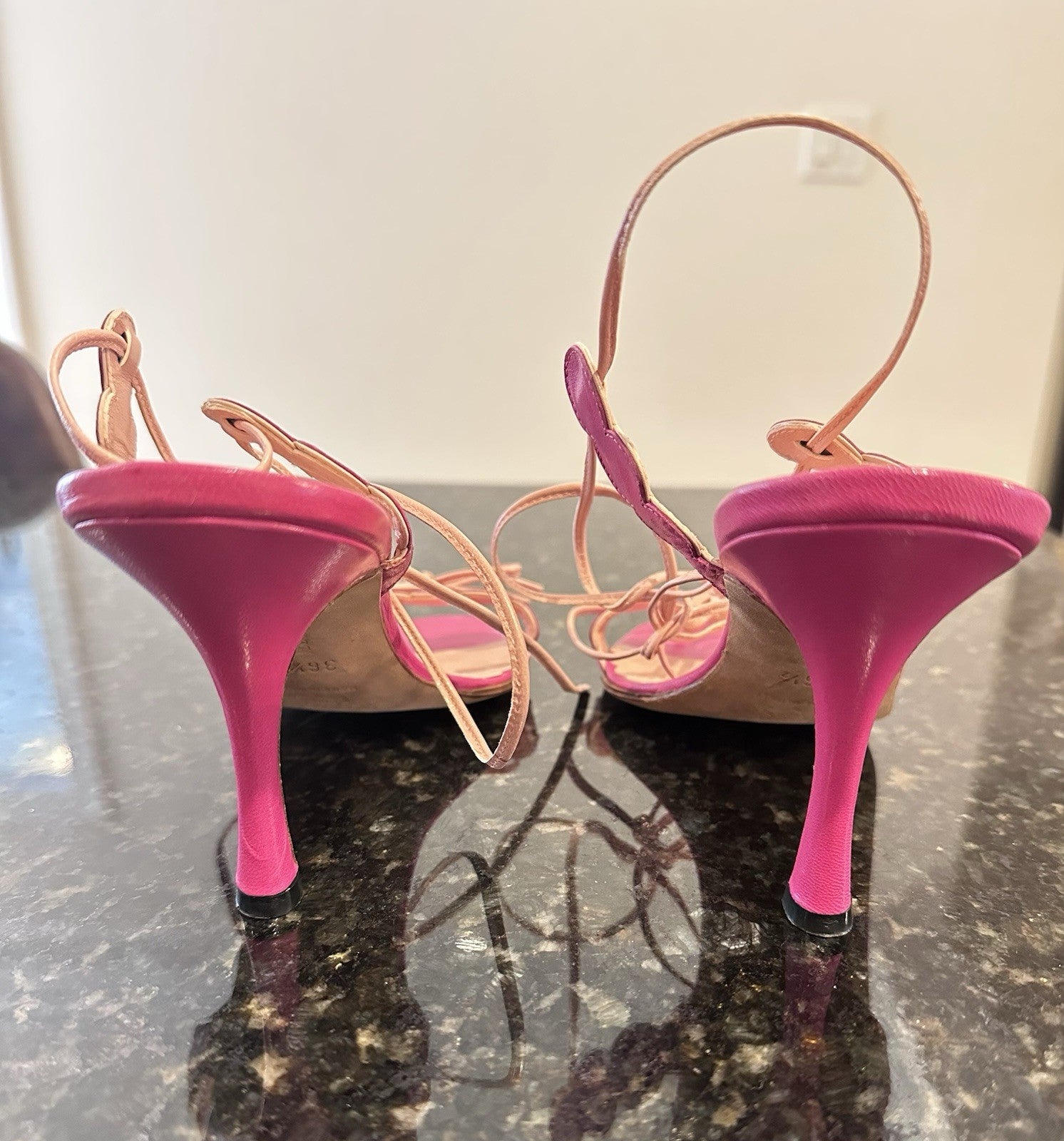 MANOLO BLAHNIK Barbie Pink Leather Scalloped Wrap Ankle Strap Heels