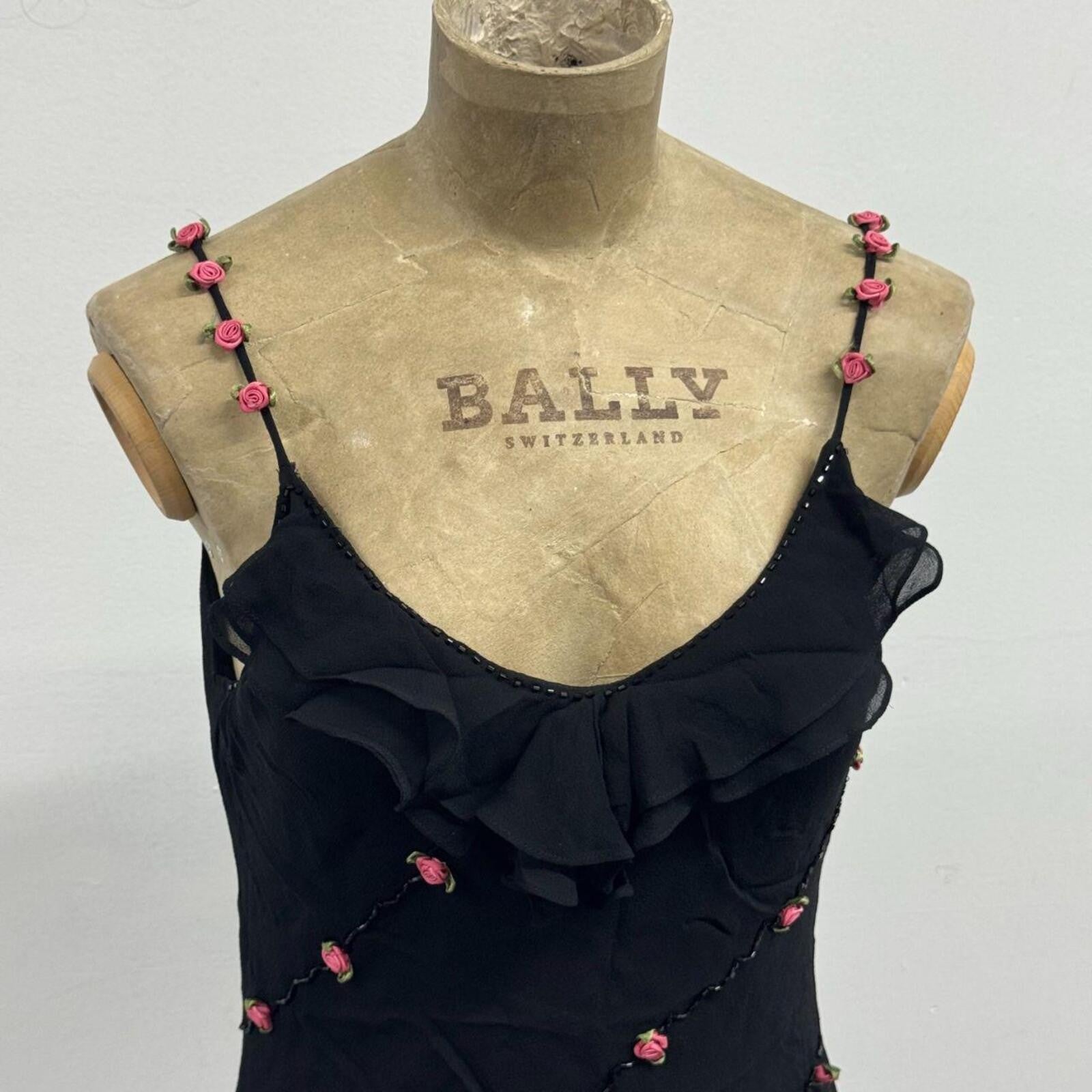 Deadstock Vintage Y2K Rosette Embellished 100% Mulberry Silk Slip Black