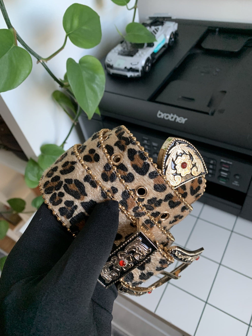 Vintage Style Gold Crystal Studded Leopard Western Leather Cowboy Belt