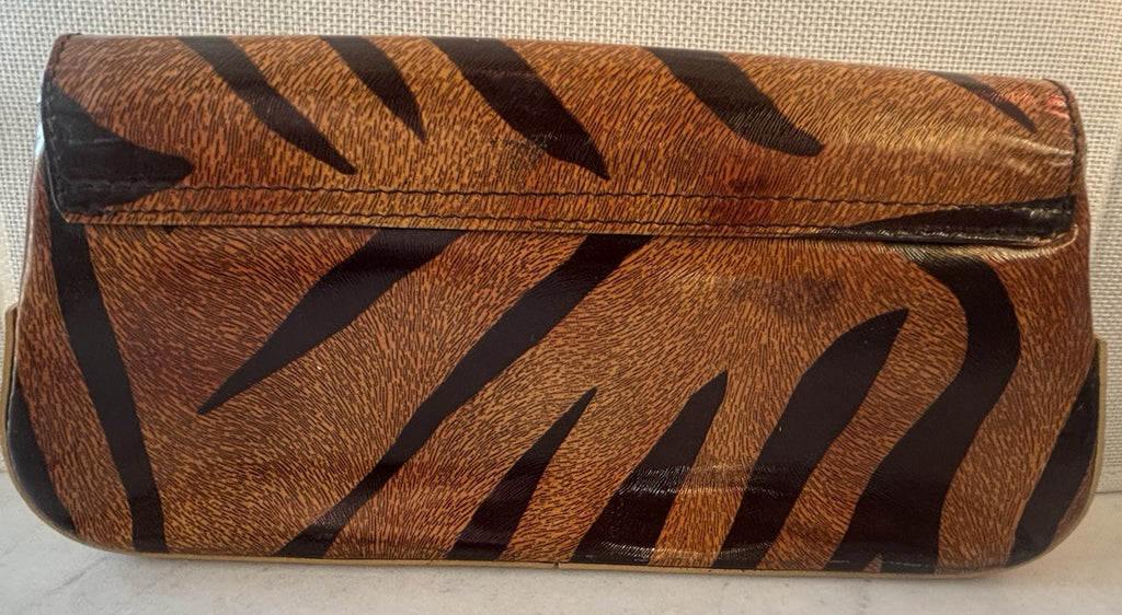 Vintage Francesco Biasia Tiger Stripe Leather Clutch Bag Italy Magnetic Snap