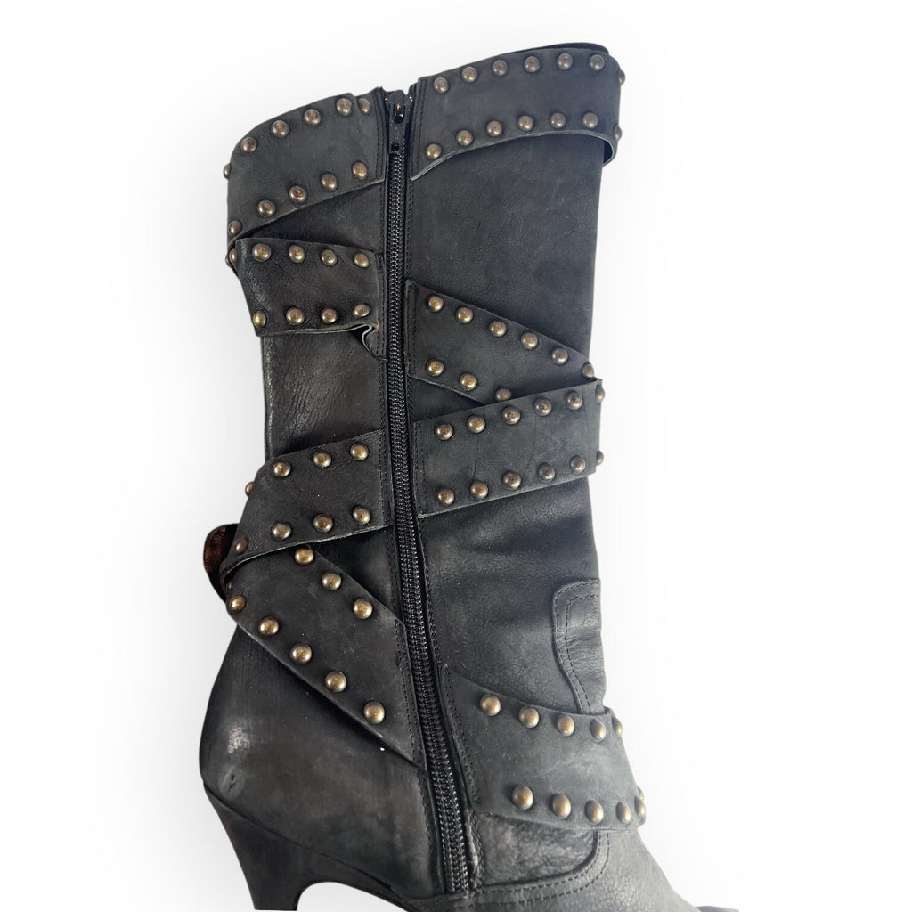 Manolo Blahnik YKK Mid Calf Strap Studded Leather Black Boots Stilettos -  38