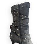 Manolo Blahnik YKK Mid Calf Strap Studded Leather Black Boots Stilettos -  38