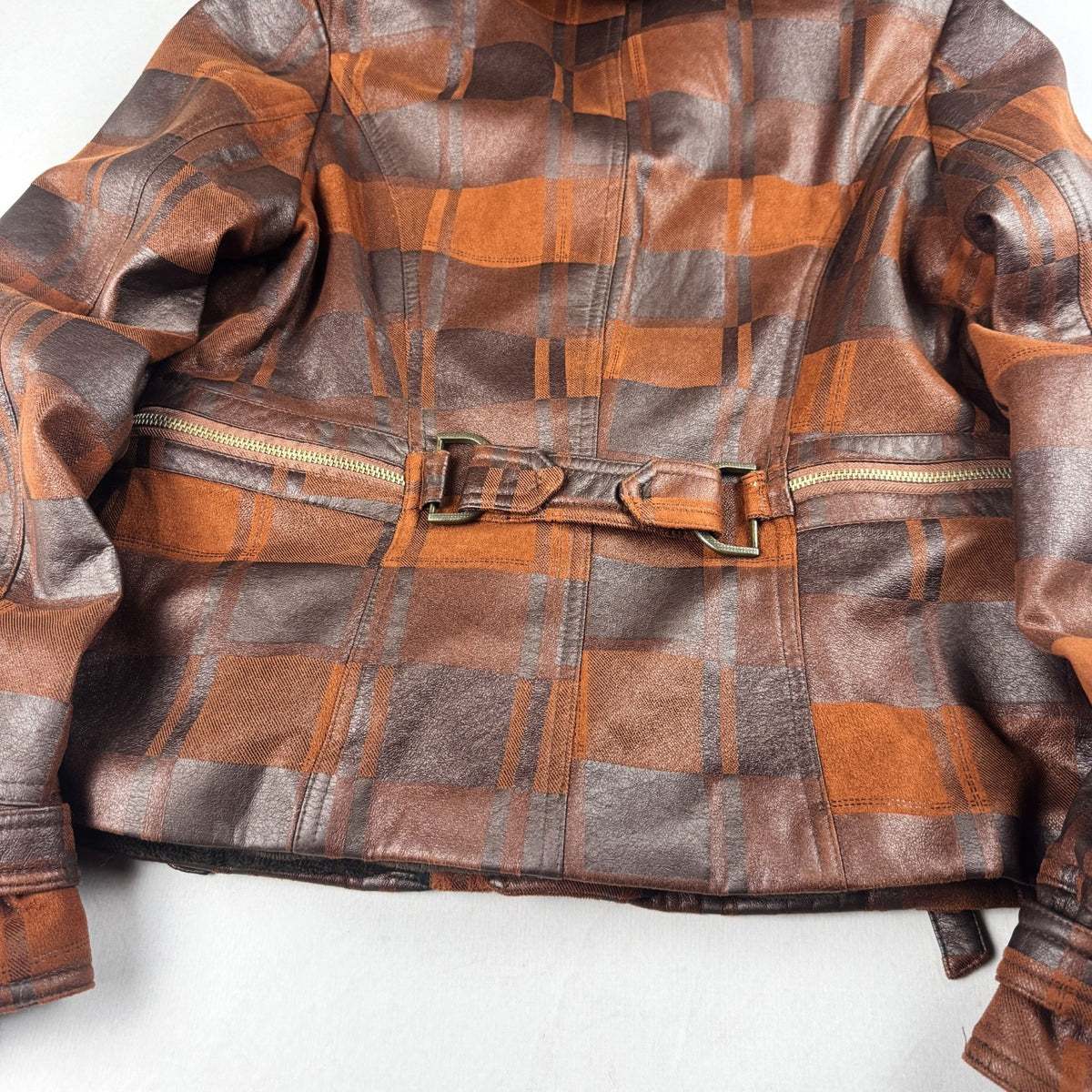 Vintage Brown Plaid Leather Jacket with Fur Collar