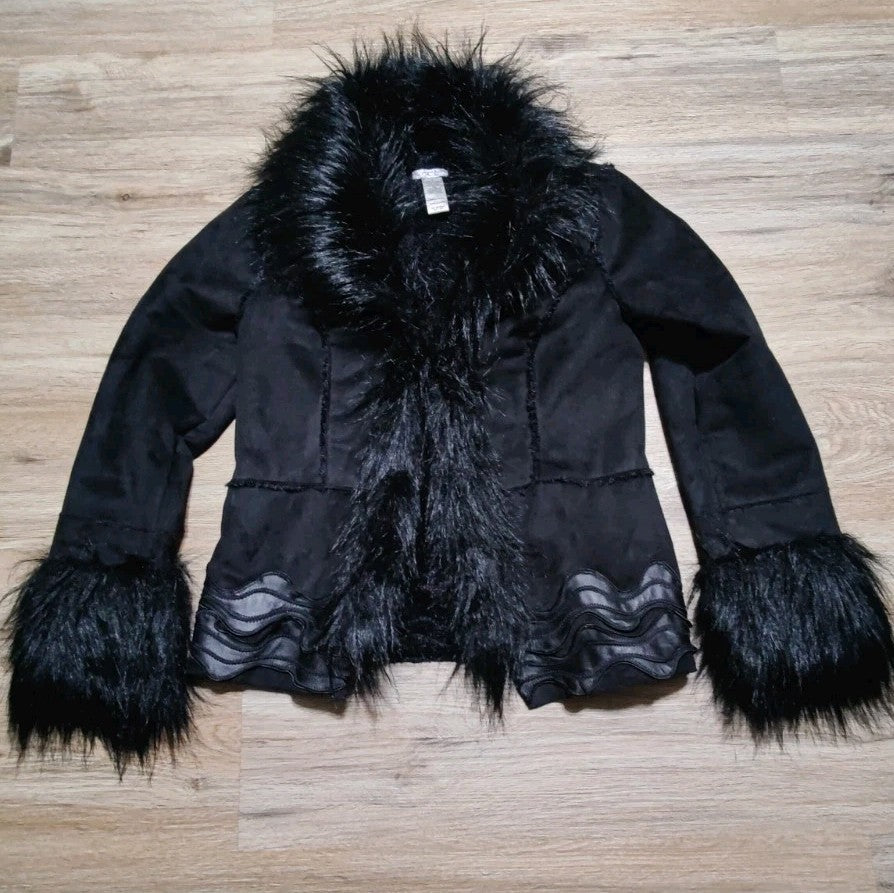 Caché Black Faux Fur Trim Leather Jacket Medium