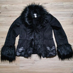 Caché Black Faux Fur Trim Leather Jacket Medium