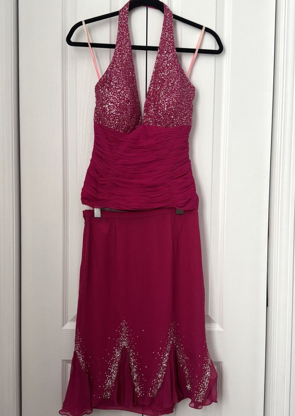 C.M. Vintage Y2K Fuchsia Pink Sequin Halter Top and Midi Beaded Silk Skirt Set