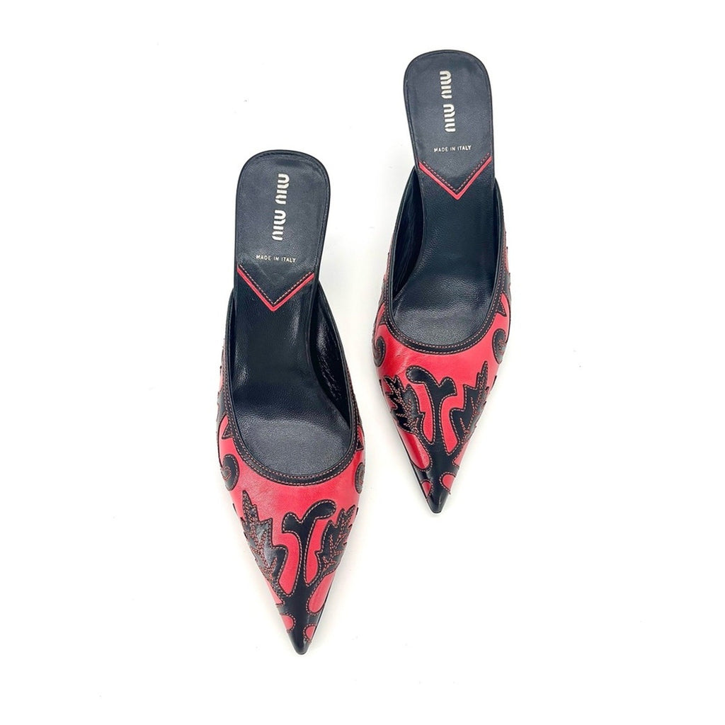Vintage Miu Miu Embroidered Leaf Pointed Toe Slip On Kitten Heel Mules 39