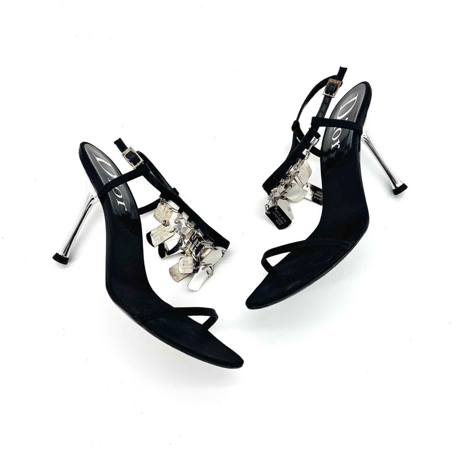 Vintage Dior Galliano 2004 Dog Tag Strappy Satin Heeled Sandals