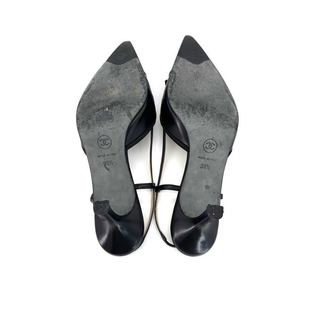 Vintage Chanel CC Logo Bow Black Leather Slingback Pointed Toe Pumps 38.5EU