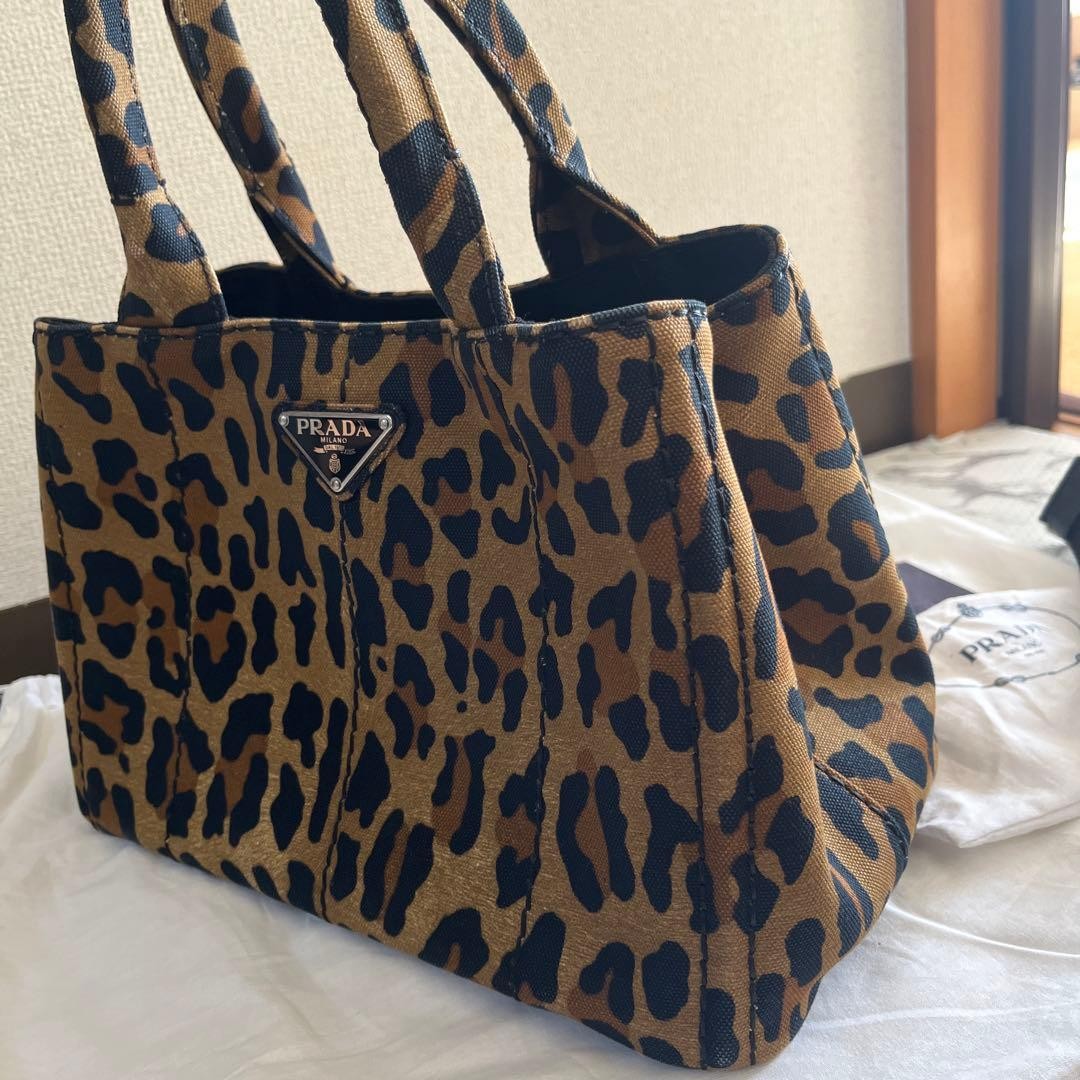 PRADA Canapa Leopard Print 2Way Tote Bag Brown Canvas USED from Japan #SA