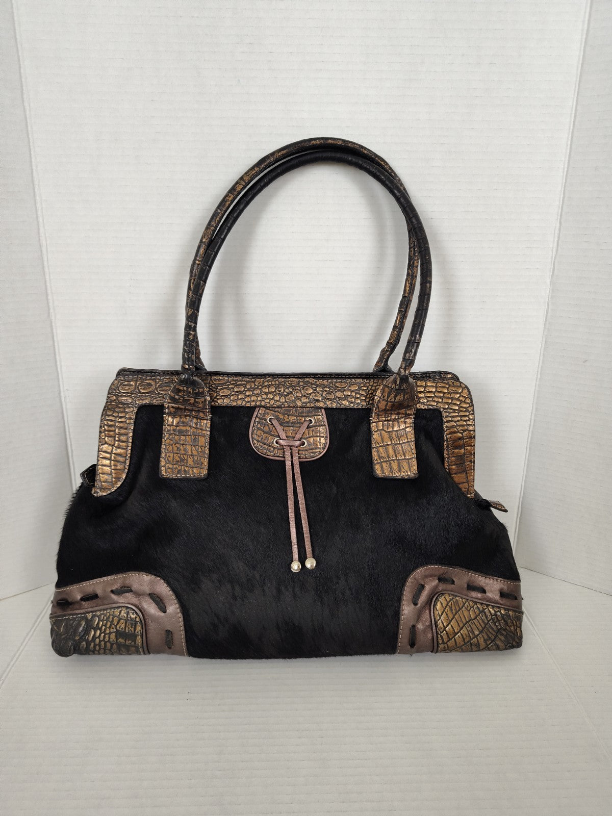 Cavalcanti Italy Black Leather Calf Hair and Cowhide Handbag