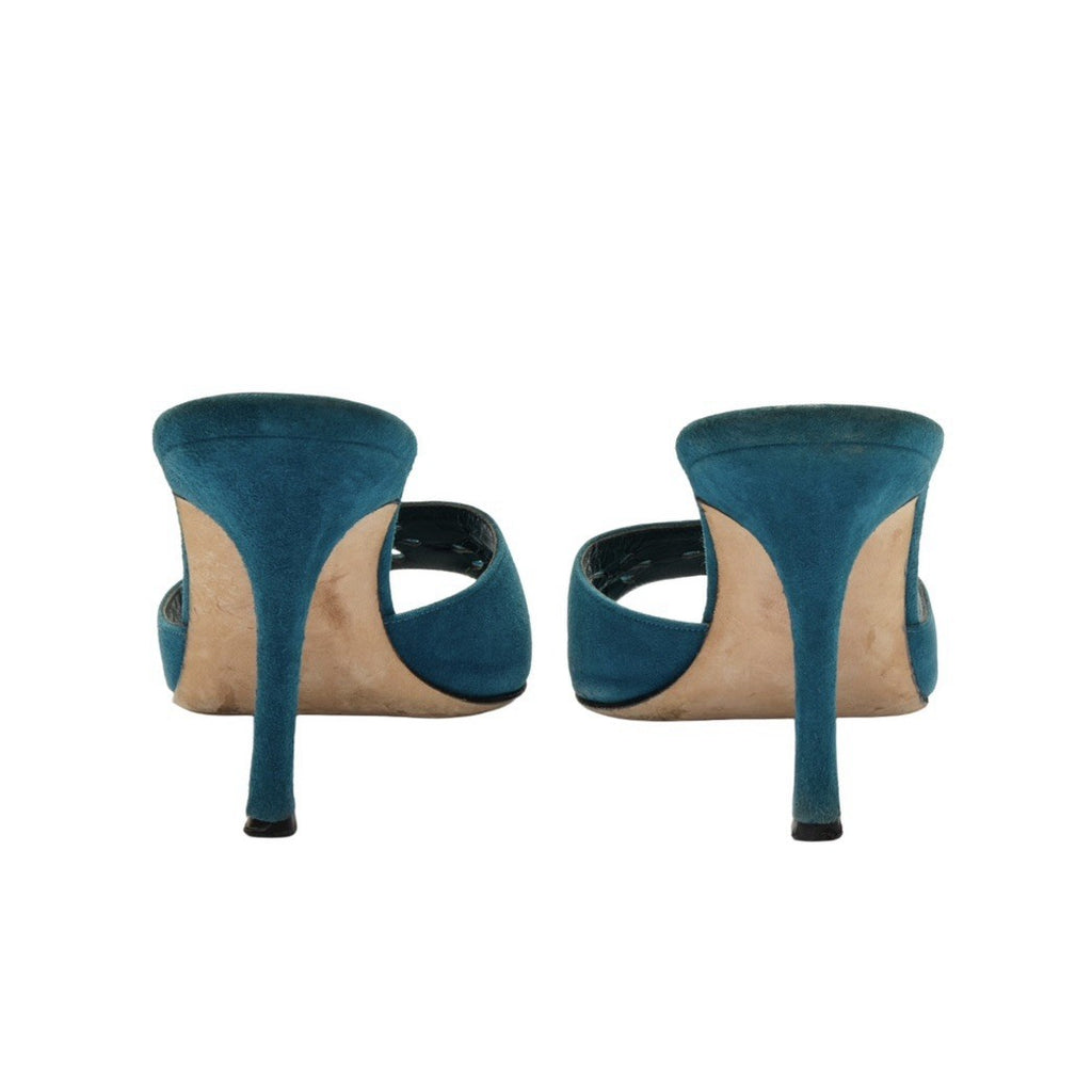 Manolo Blahnik Blue Floral Eyelet Laser Cut Suede Heels