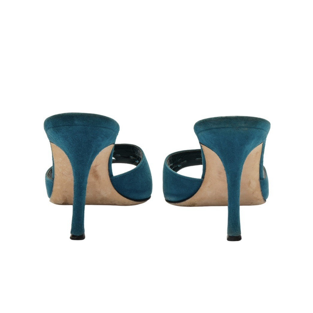 Manolo Blahnik Blue Floral Eyelet Laser Cut Suede Heels