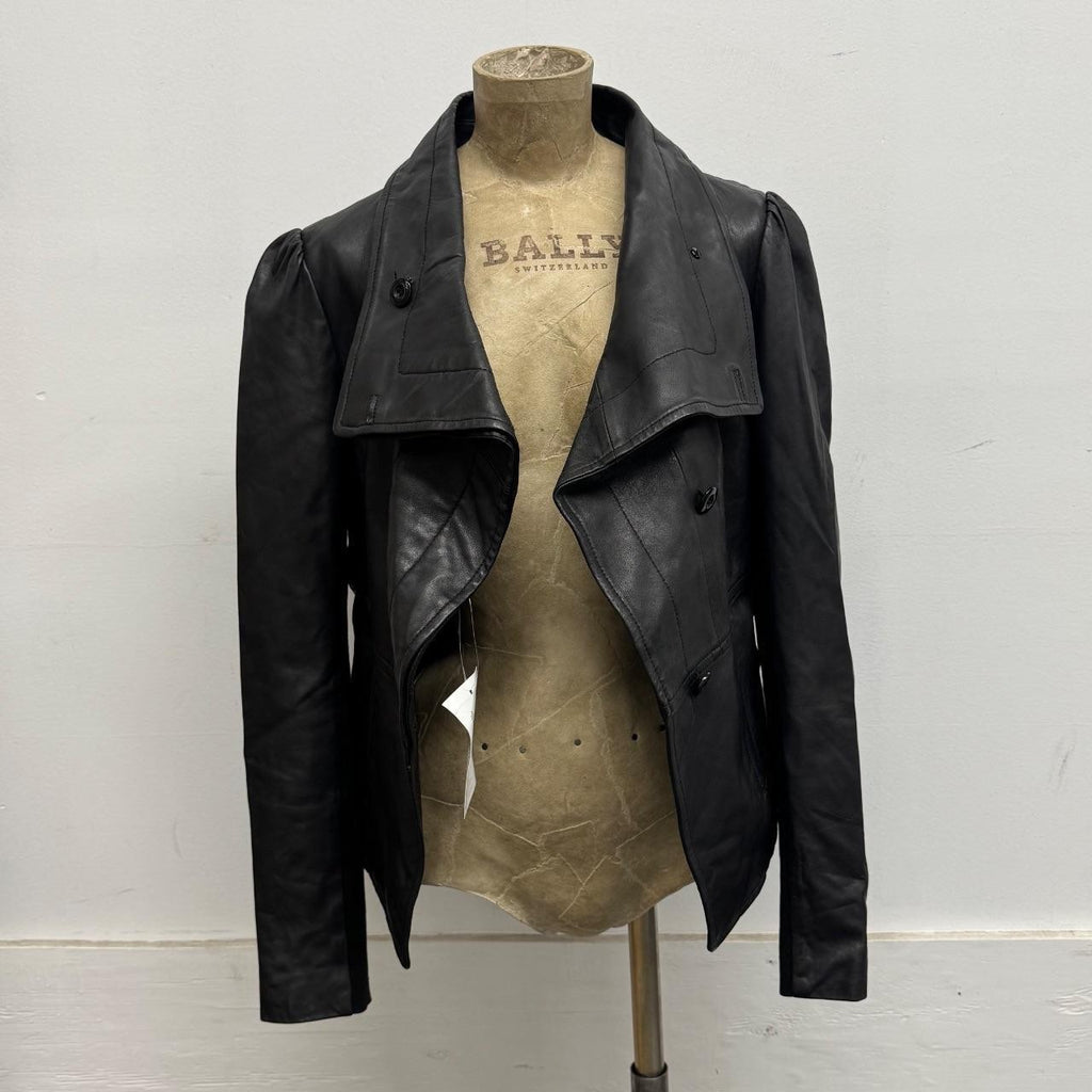 Vintage Black Asymmetric Funnel Neck Leather Jacket