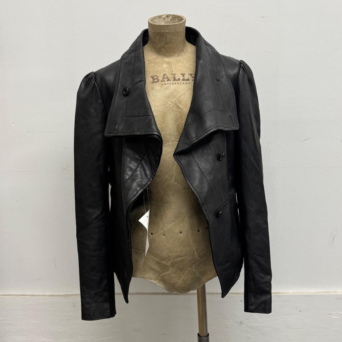 Vintage Black Asymmetric Funnel Neck Leather Jacket