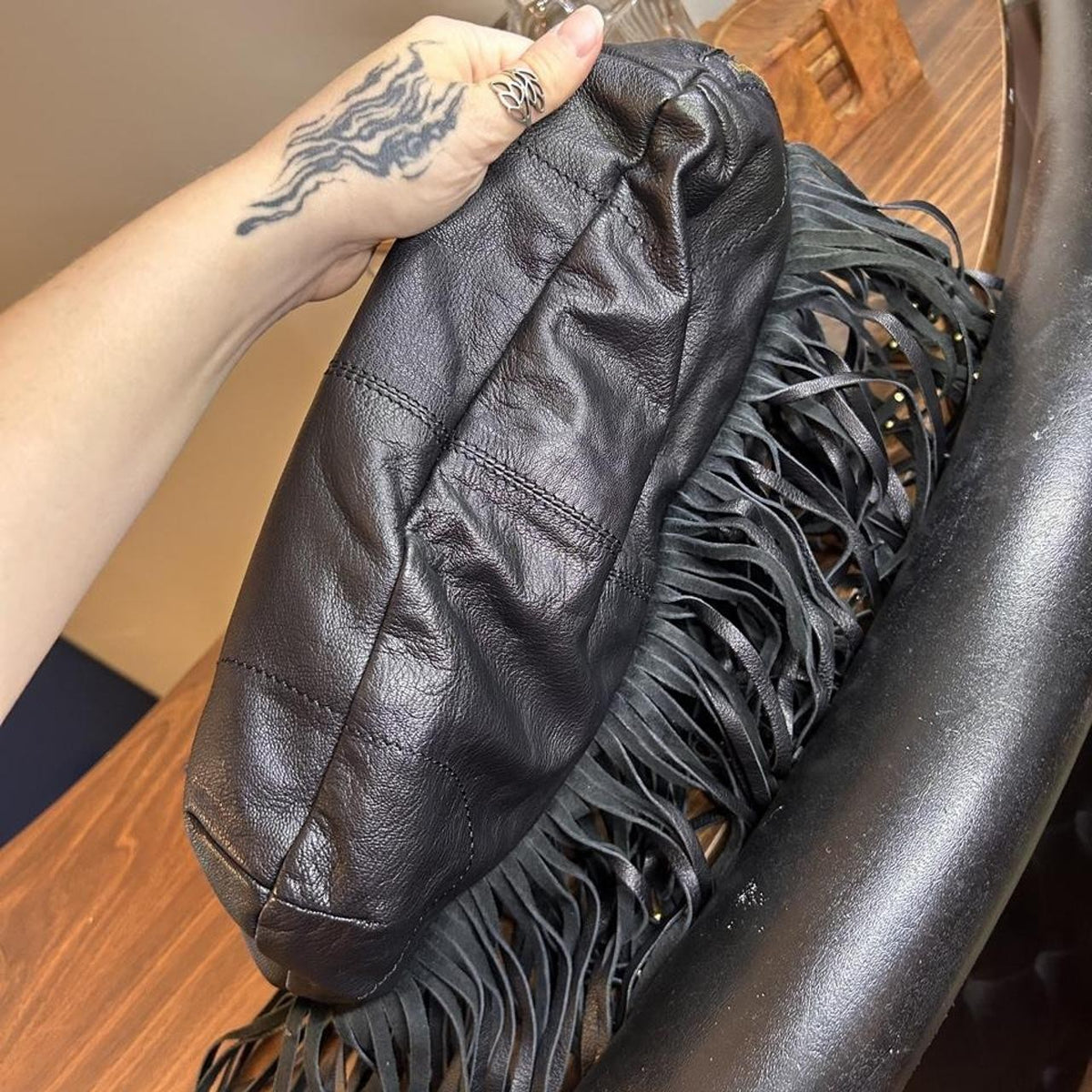 Vintage Black Leather Fringe Hobo Bag with Studs