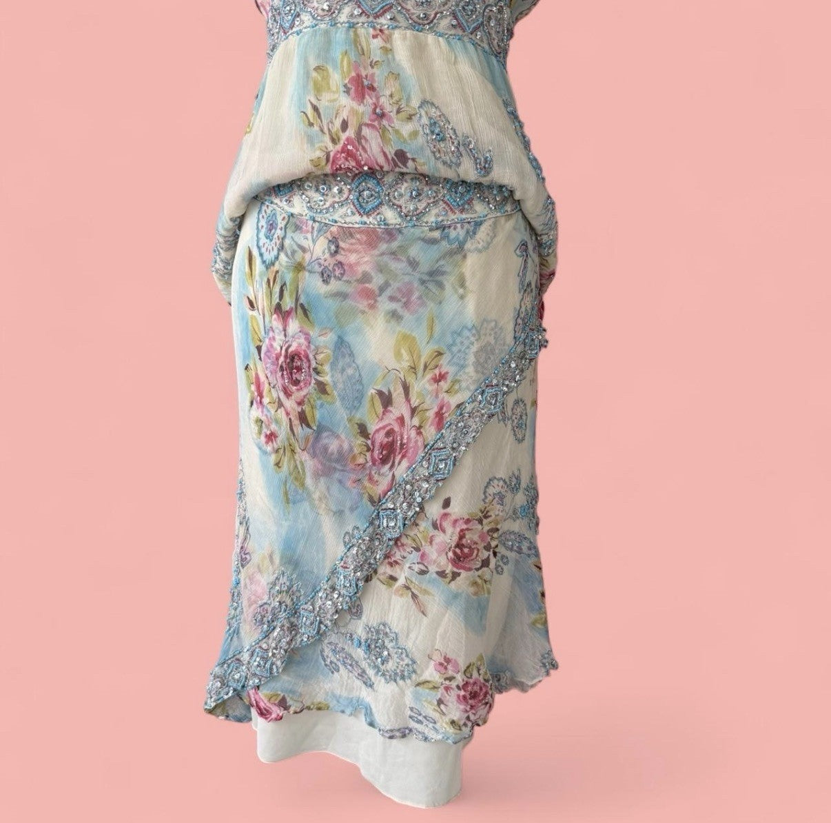 René Derhy Blue Floral Embellished Top and Skirt Set