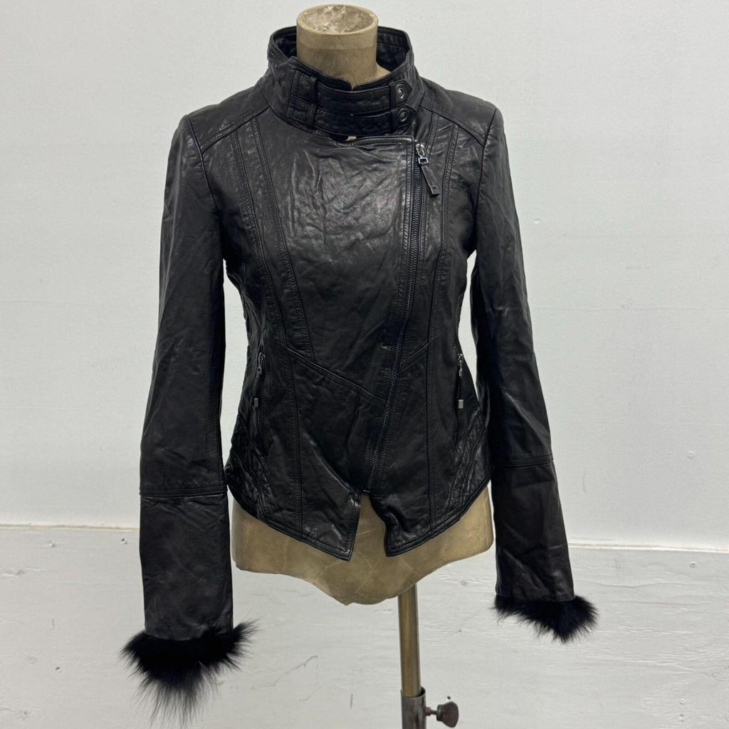 Vintage Vero Moda Black Goat Leather & Fox Fur Moto Jacket