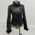 Vintage Vero Moda Black Goat Leather & Fox Fur Moto Jacket