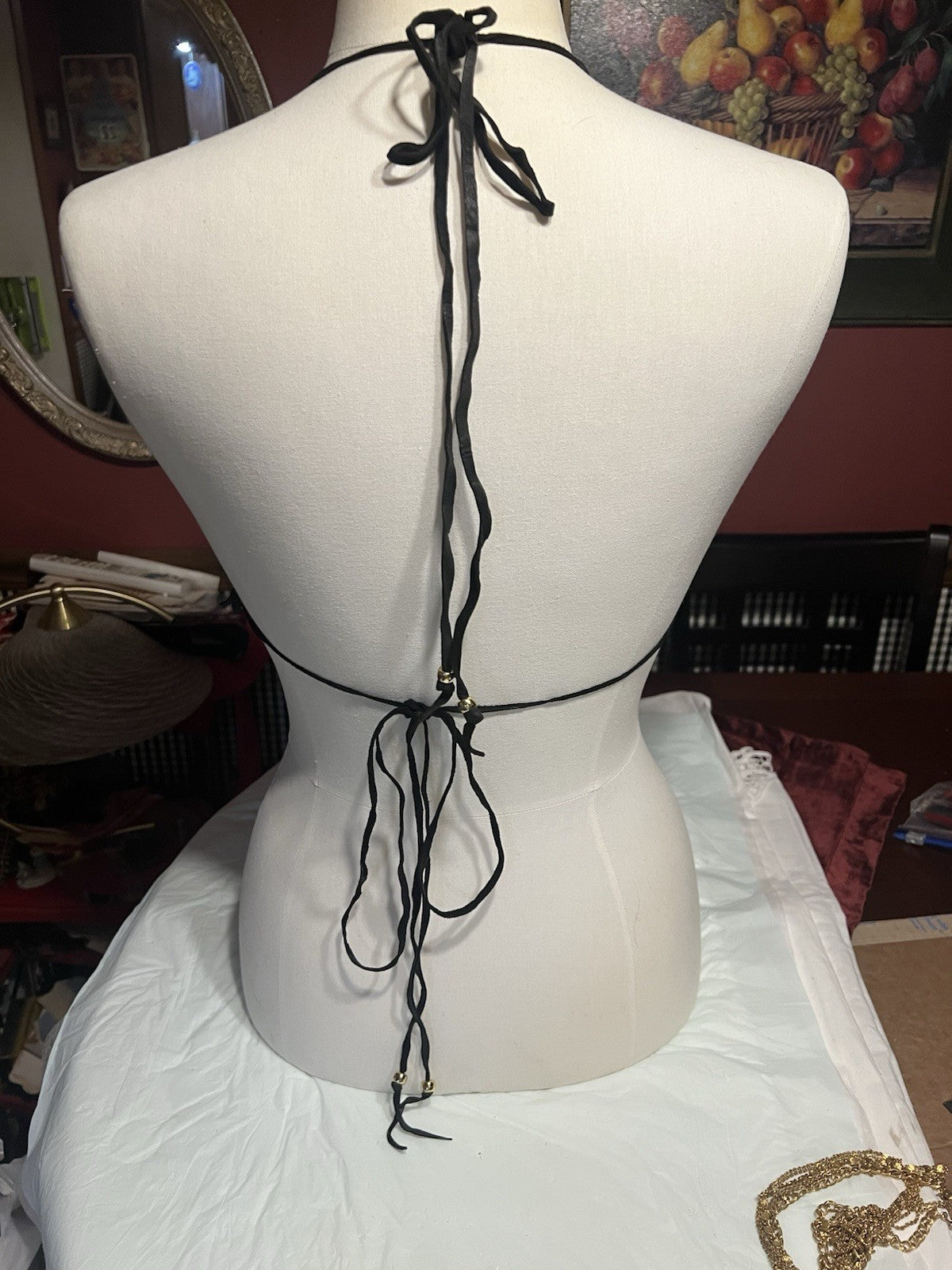 Vtg. 2/ Leather Fringe Halter Tops Black Biker Festival Cowgirl custom-made!!Sm.