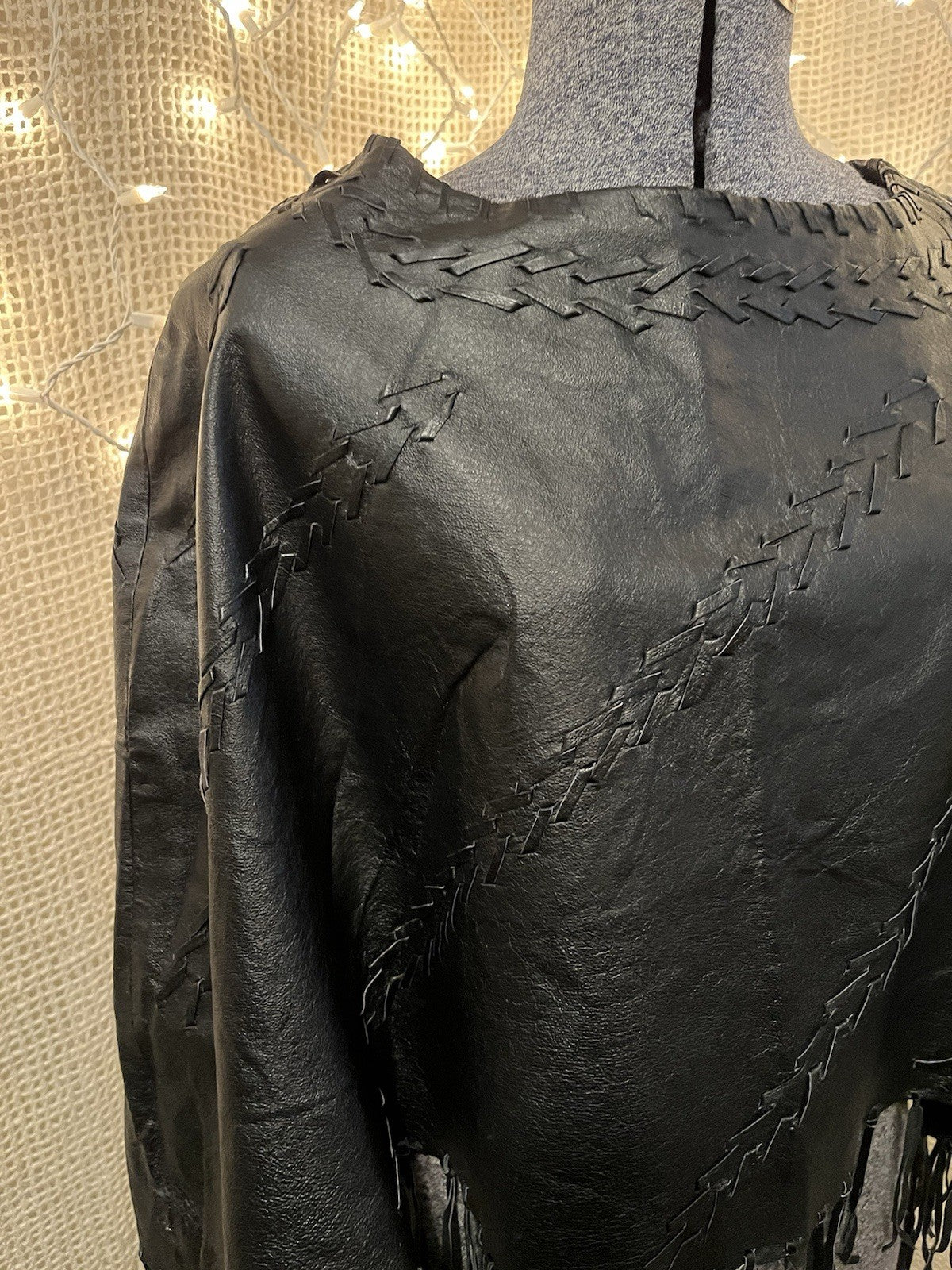 Vintage 90s Black Leather Whip Stitch Fringe Poncho Shawl Black Medium