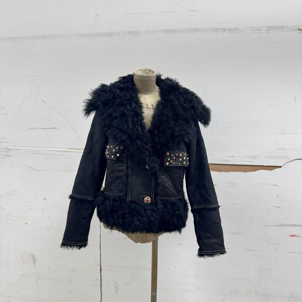 Vintage Black Gold Embellished Leather and Shearling Statement Jacket
