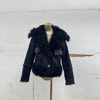 Vintage Black Gold Embellished Leather and Shearling Statement Jacket