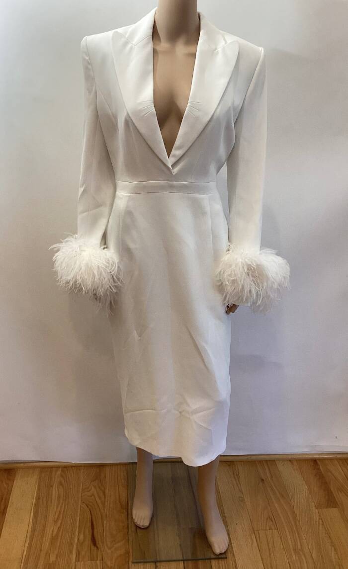 ANDREW GN FEATHER TRIM BLAZER MIDI DRESS SZ FR 40 US 8